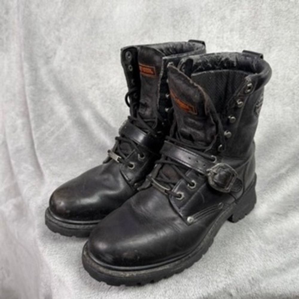 Harley Davidson Mens Black Leather Buckle Strap Motorcycle Boots Size 8 1/2